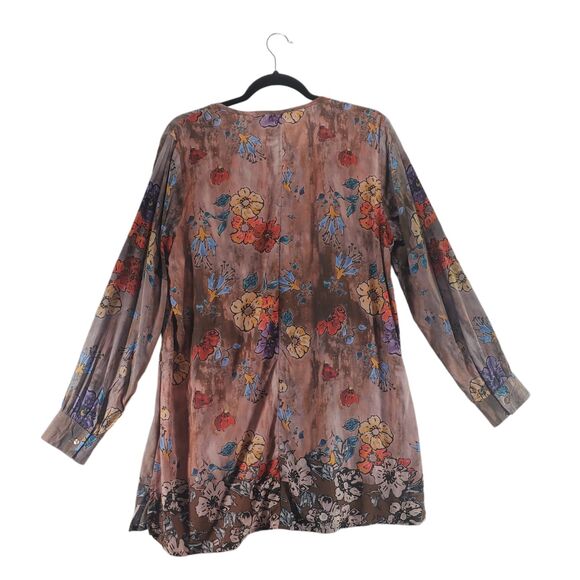 SP Small Petite Tolani Modal Brown Floral Long Tunic Blouse Long Sleeve Henley - Picture 2 of 13